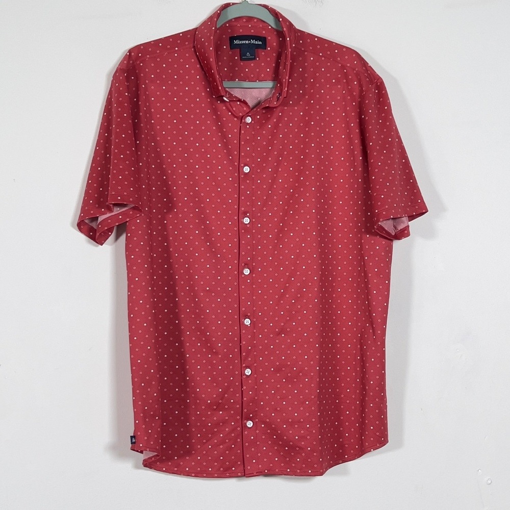 Mizzen+Main Short Sleeve Shirt Mens Sz XL Red Polka Dot Trim Fit